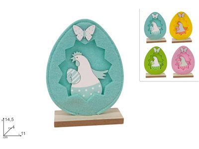 DECORAZIONE IN FELTRO UOVO SU BASE IN LEGNO CON GALLINA CM.11x4xH.14