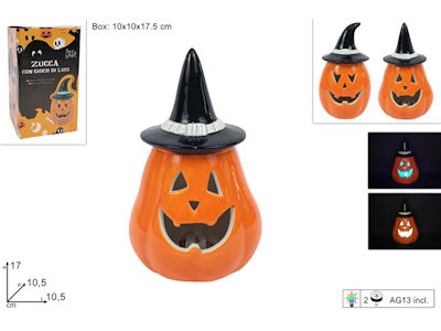 HALLOWEEN ZUCCA CON CAPPELLO TESCHIO CON GIOCHI DI LUCE CM.10xH.17 DUESSE
