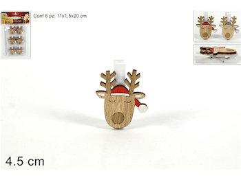 MOLLETTE IN LEGNO CON DECORO RENNA CON CAPPELLO CM.4,5 CONF.6PZ. DUESSE