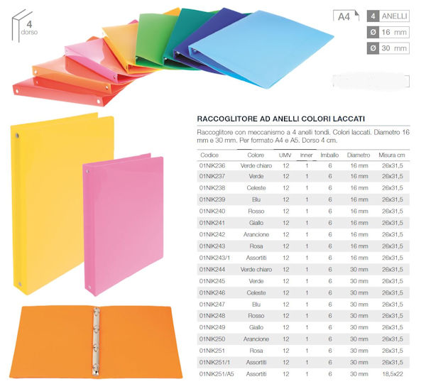 RACCOGLITORE 4 ANELLI D.16mm A4 CM.26x31 COPERTINA IN PPL LACCATA COLOR NIKOFFIE