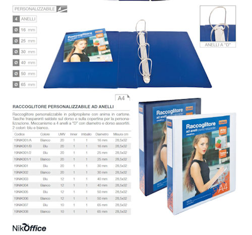 RACCOGLITORE IN PPL PERSONALIZZABILE D.30 ANELLI 4 A "D" COLORE BLU NIKOFFICE