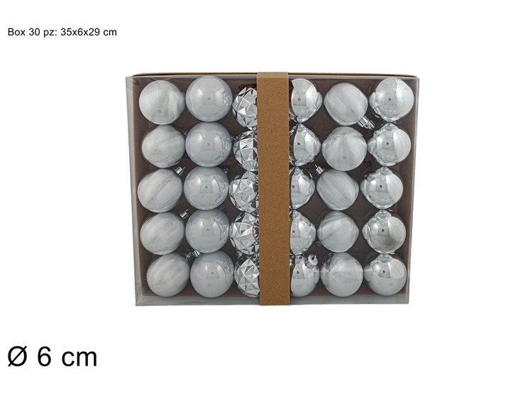 SFERE LUCIDE 6 CM. CONF. 30 PZ. IN SCATOLA ARGENTO ASSORTITE DUESSE