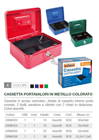 CASSETTA PORTAVALORI IN METALLO COLORATO CM.15x12 CON CHIAVE NIKOFFICE