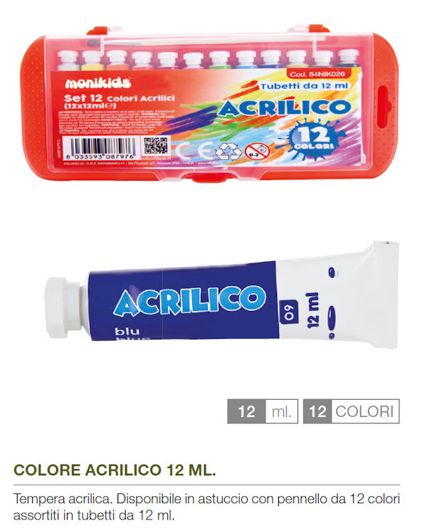 TEMPERA ACRILICA DA 12 TUBETTI  DA 12 ML. MONIKIDS NIKOFFICE