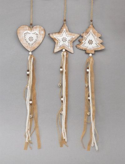 APPENDINO IN LEGNO STELLA O ALBERO O CUORE CON PENDENTI ORO CM.75 EURONATALE