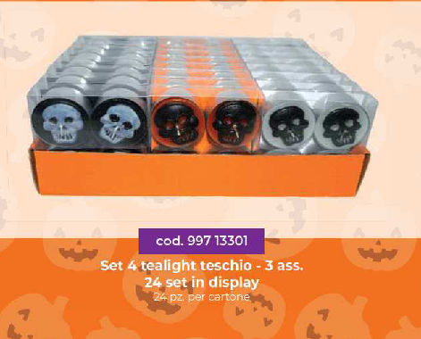 HALLOWEEN ACCESSORI FESTA CANDELINE TEALIGHT COLORATA DEORO TESCHIO CONF.4PZ.