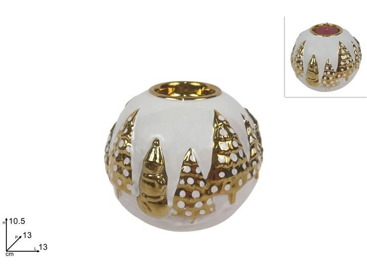 CANDELA SOLO PORTACANDELA TEALIGHT IN CERAMICA PALLA BIANCA CON ORO CM.H.10 DUES