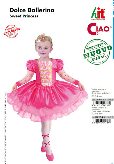 COSTUME PERSONAGGIO DOLCE BALLERINA CON ACCESSORI TAGLIA 3/4 ANNI
