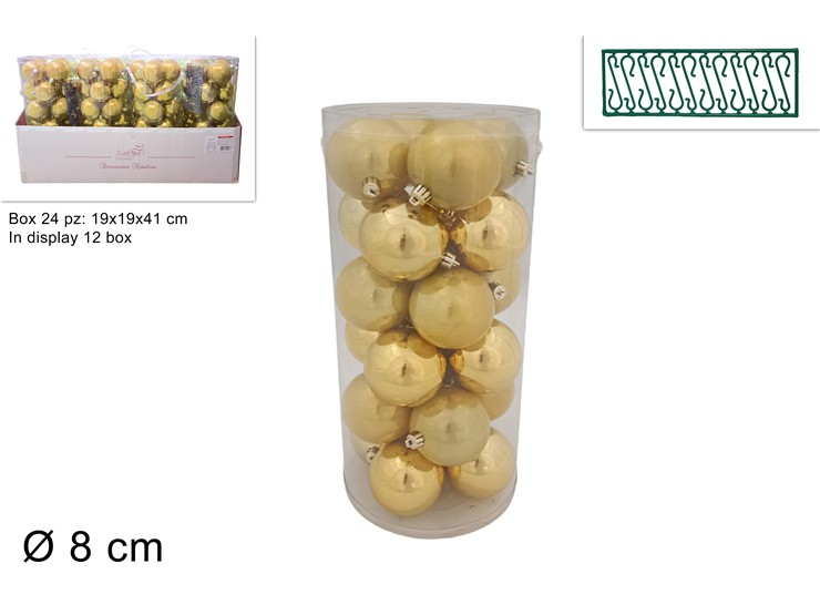 SFERE LUCIDE 8 CM. CONF. 24 PZ. IN CILINDRO ORO CON GANCETTI DUESSE