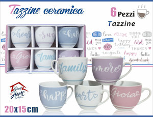 CAFFE' TAZZINE 6 PZ . BIANCHE CON DECORO SCRITTE COLOR GOOD HOME