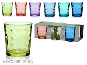 BICCHIERE ACQUA 370ML. VETRO DIAMANTE SET.6PZ. COLORATI 616806 GENERAL