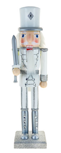 PERS. SOLDATINO SCHIACCIANOCI SU BASE IN LEGNO ARGENTO CON BIANCO CM.38 496101