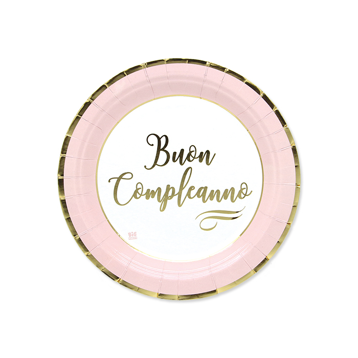 BUON COMPLEANNO CHIC ROSA PIATTI CM.18 CONF.8 PZ. BIGPARTY