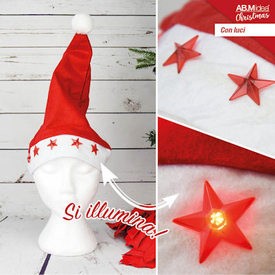 CAPPELLO BABBO NATALE ROSSO CON STELLE LUMINOSE A BATTERIA IDEA'S