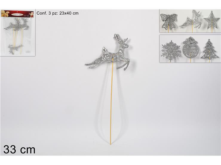 SPIEDINO IN LEGNO SPILLONE CON SOGGETTO NATALIZIO CONF.DA 3PZ. ARGENTO GLITTERAT