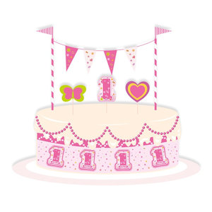 PRIMO COMPLEANNO ROSA SET DECORAZIONE TORTA IN CARTONCINO BIGPARTY