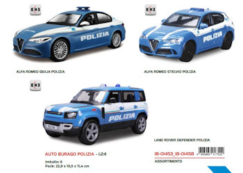 AUTO MODELLINO 1:24 SINGOLA ALFA GIULIA POLIZIA O STELVIO O LAND ROVER