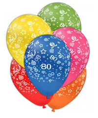 FESTA 80 ANNI PALLONCINI 12 POLLICI CM.30 CON SCRITTA BIANCA COL. ASS.CONF.100P