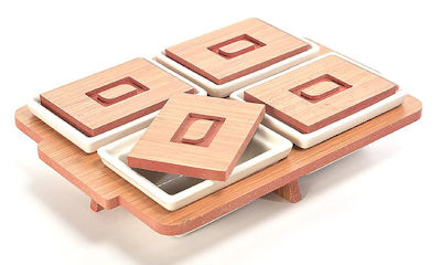 ANTIPASTIERA IN CERAMICA 4 POSTI SU BASE LEGNO CON COPERCHI CM.27x22xH.5 MERCURY