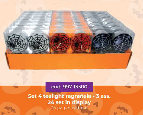 HALLOWEEN ACCESSORI FESTA CANDELINE TEALIGHT COLORATA DEORO RAGNATELA CONF.4PZ.