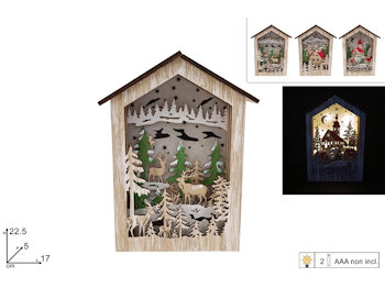 SCENARIO NATALIZIO CON LUCE IN CASETTA LEGNO CON RENNE CM.17xH.22 DUESSE
