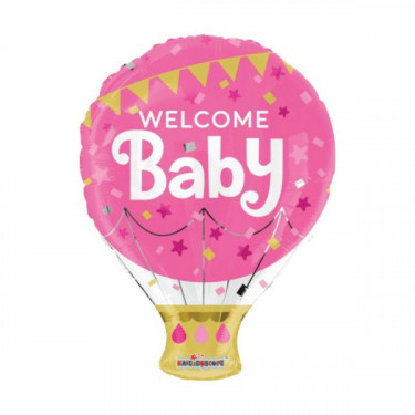 BENVENUTA PALLONCINO MYLAR SAGOMA MONGOLFIERA WELCOME BABY ROSA 18 POLLICI