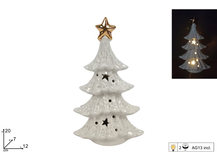 ALBERO DI NATALE IN CERAMICA CM.H.20 BIANCO CON STELLA ORO E LUCE CM.H.20 DUESSE