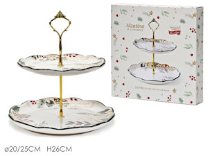 CENTROTAVOLA ALZATA IN CERAMICA 2 LIVELLI BIANCA DECORI VERDI CM.H.26xD.25 4715