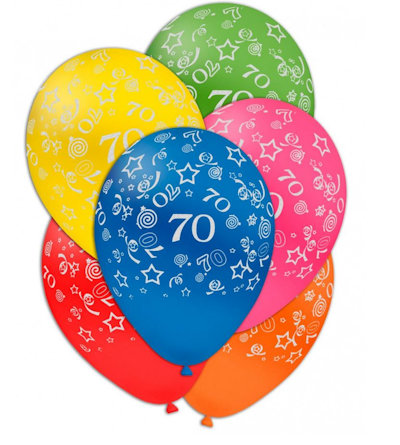 FESTA 70 ANNI PALLONCINI 12 POLLICI CM.30 CON SCRITTA BIANCA COL. ASS.CONF.100P