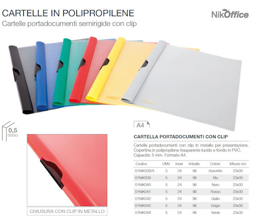 CARTELLA IN POLIPROPILENE CON CLIP PORTADOCUMENTI A4 BLU NIKOFFICE PEZZI 5