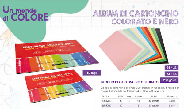 ALBUM DISEGNO 12 COLORI ASSORTITI NIKOFFICE 200GR. CM.24x33 12 FOGLI