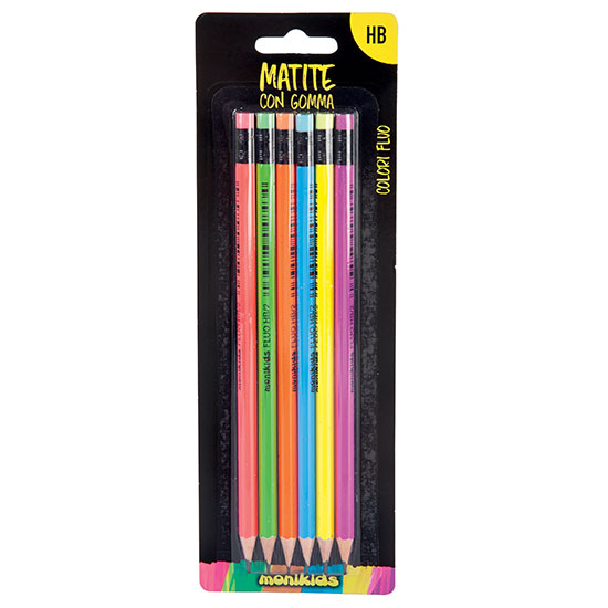MATITE CON GOMMA ESAGONALE FLUO  CONF. 6pz. IN BLISTER NIKOFFICE