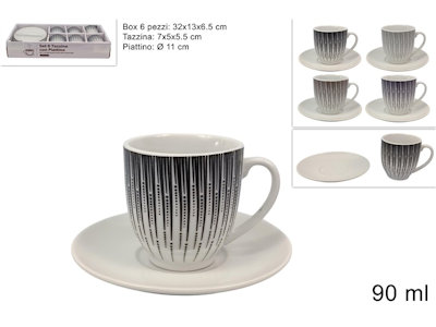 CAFFE' TAZZINE SET 6 PZ. CON PIATTINI BIANCHE CON DECORO VINTAGE DUESSE