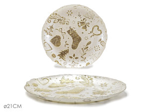 SVUOTATASCHE PIATTO IN VETRO TONDO D.21 BIANCO CON DECORI ORO 577540 GENERAL