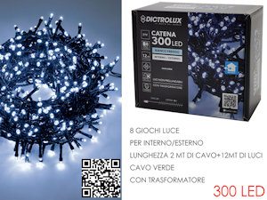 300 LED MINILUCCIOLE ESTERNO MT.12+6,5 CAVOBIANCO GHIACCIO PROGRAM. NO PROLUNG