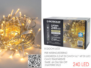 240 LED CATENA MT.12+1,0 CAVO BIANCA CALDA A BATTERIE x ESTERNO PROGRAM 450413 G