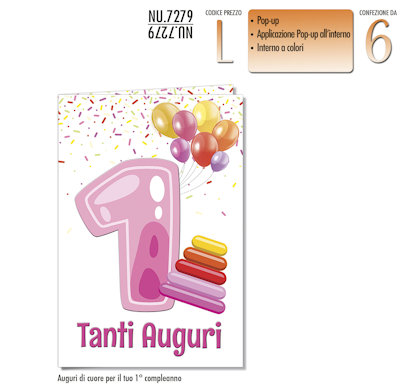 BIGLIETTI 1° COMPLEANNO NUMERO 1 ROSA NU.7279 PEZZI 6