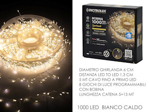 1000 LED GHIRLANDA INTERNO/ESTRENO MT.13 + 5 CAVO BIANCA CALDA PROGRAM. NO PROLU
