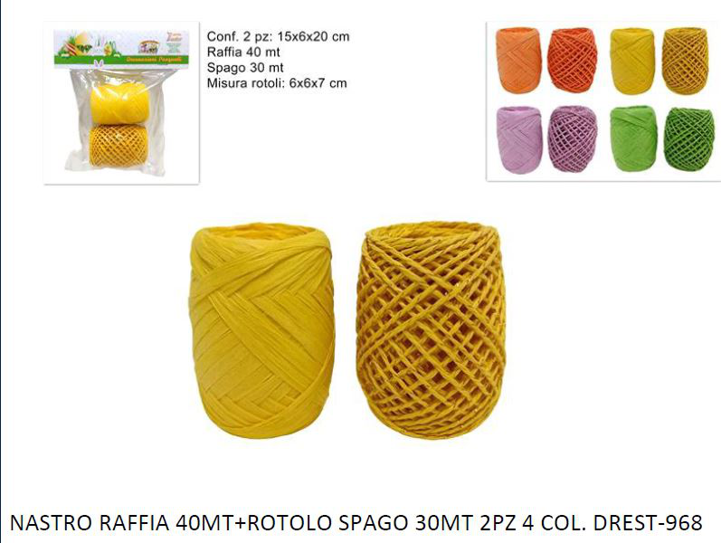 CONFEZIONAMENTO RAFFIA ROTOLINO 40MT. CON ROTOLO SPAGO 30MT. COLORI ASSORTITI