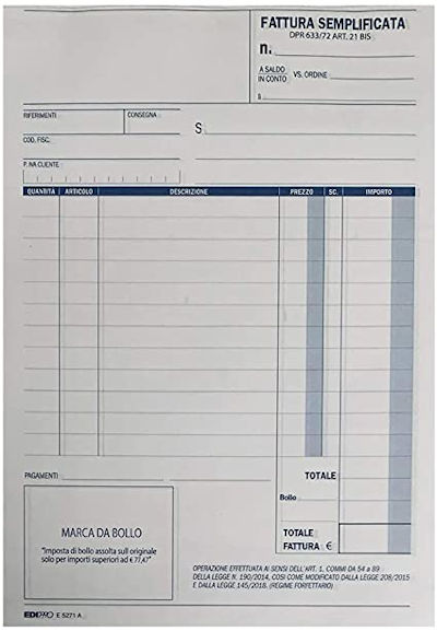 FATTURA BLOCCO CM.15x21 REGIME FORFETTARIO 1 ALIQUOTA 2 COPIE DATA UFFICIO