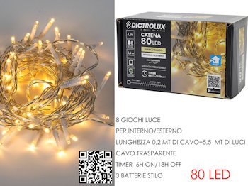 80 LED CATENA MT.5,5+0.2 CAVO TRAPARENTE BIANCA CALDA A BATTERIE PER ESTERNO PR