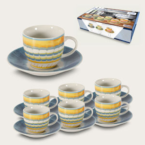 CAFFE' TAZZINE SET 6 PZ. CON PIATTINI COLOR CON DECORO GIALLO E BLU 70129 ARCA