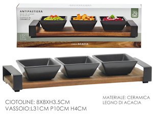 ANTIPASTIERA IN CERAMICA 3 POSTI SU BASE LEGNO LINEA ACACIA CM.31x10xH.4 635865