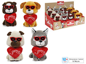 PELUCHE CAGNOLINO SEDUTO CON CUORE CON SCRITTA LOVE E OCCHIALI CM.14 611682 GENE