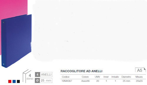 RACCOGLITORE 4 ANELLI D.25mm A5 CARTONCINO RIVESTITO IN PPL ASSORTITI NIKOFFICE