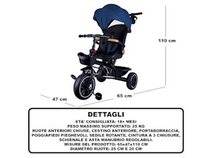 TRICICLO CON ASTA STAR BLU CON SEDUTA GIREVOLE ANCHE FRONTALE MAZ