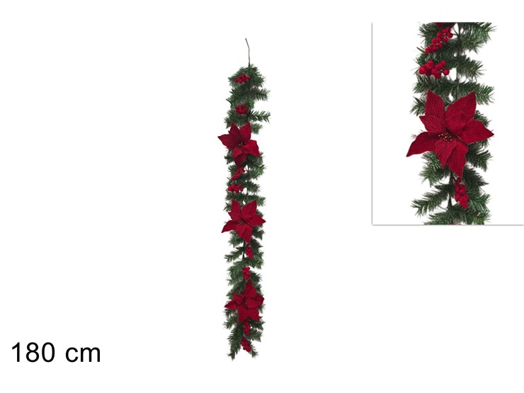 FILO ADDOBBO RAMONE VERDE CON FIORE STELLE DI NATALE CM.180 DUESSE