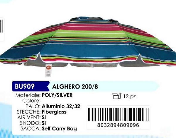 OMBRELLONE ALLUMINIO D.200 POLIESTERE PALO 32 FANTASIA ALGHERO 8 ST. FIBE BU909