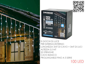 TENDA 100 LED MT.5+3 CAVO H.50cm. BIANCA FREDDA ESTR./INTERNO PROGRAM. E PROLUNG
