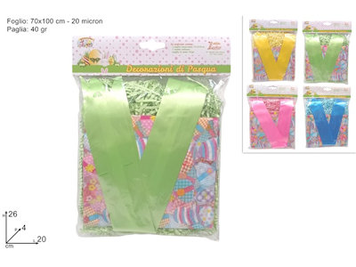 CONFEZIONAMENTO FOGLIO CELLOPHANE DECORATO CM.100x70 CON PAGLIA E FIOCCO
